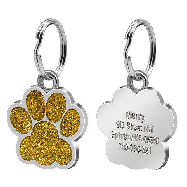 Engraved Rhinestone ID Tag Customized Dog Tags Happy Paws Gold 