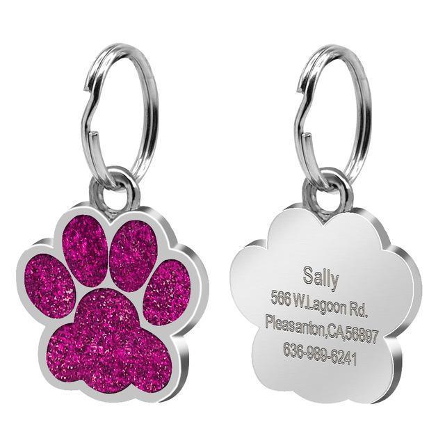 Engraved Rhinestone ID Tag Customized Dog Tags Happy Paws Hot Pink 