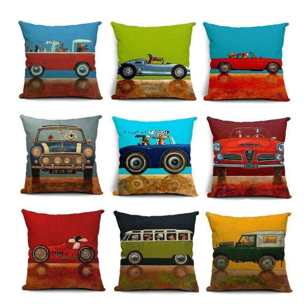 Vintage Cars & Dogs Cushion Covers Happy Paws 