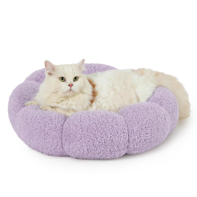 Lesure Calming Flower Bed - Flower Donut round Fluffy Puppy Bed in Plush Teddy Sherpa, Non-Slip Cute Flower Beds for Indoor, Machine Washable