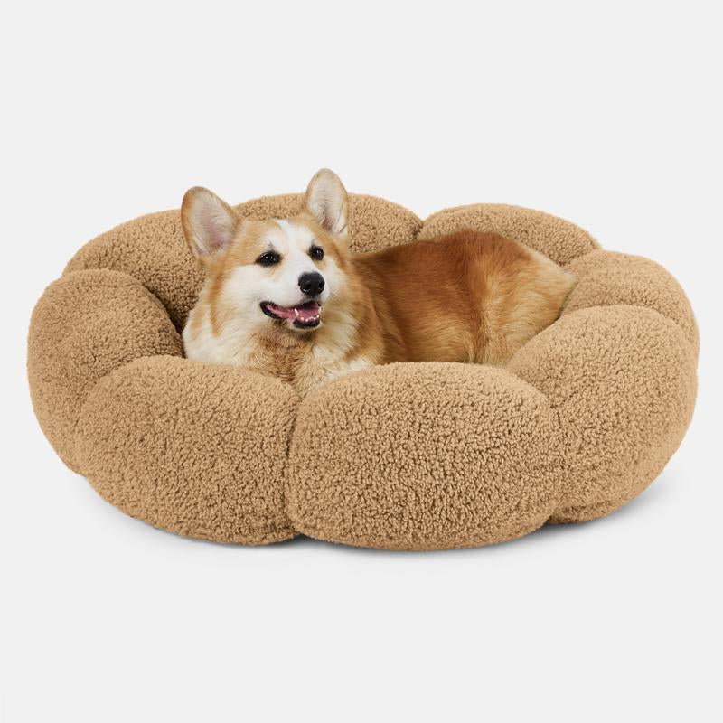 Lesure Calming Flower Bed - Flower Donut round Fluffy Puppy Bed in Plush Teddy Sherpa, Non-Slip Cute Flower Beds for Indoor, Machine Washable