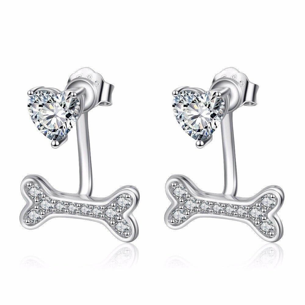 925 Silver Crystal Bone Earrings Womens Dog Earrings Happy Paws 