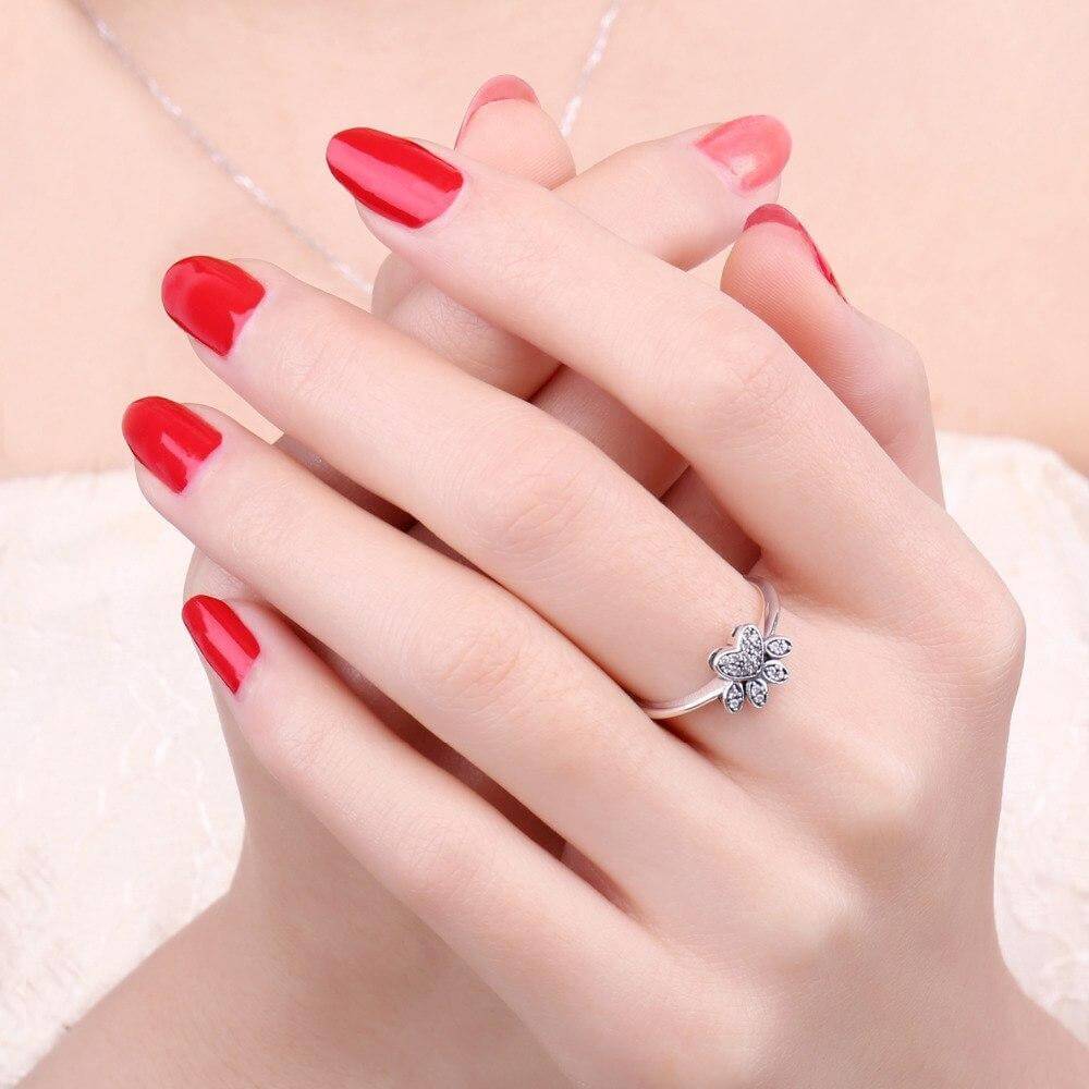 925 Silver Cubic Zirconia Ring Womens Dog Ring Happy Paws 