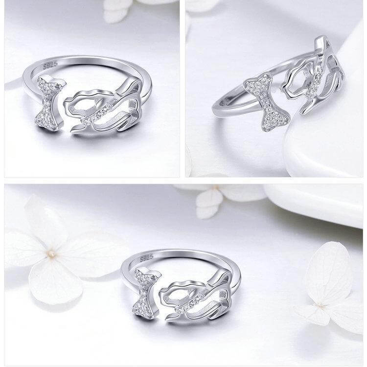 925 Silver Cubic Zirconia Ring Womens Dog Ring Happy Paws 