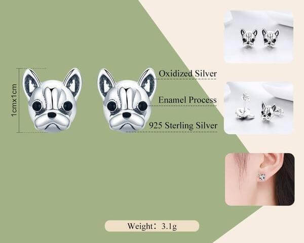 925 Silver French Bulldog Earrings Womens Dog Earrings Happy Paws 