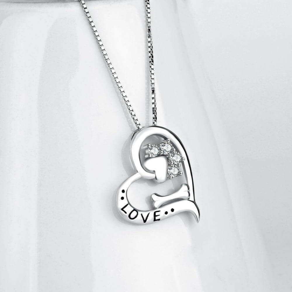 925 Silver Love Pendant Chain Womens Dog Necklace Happy Paws 