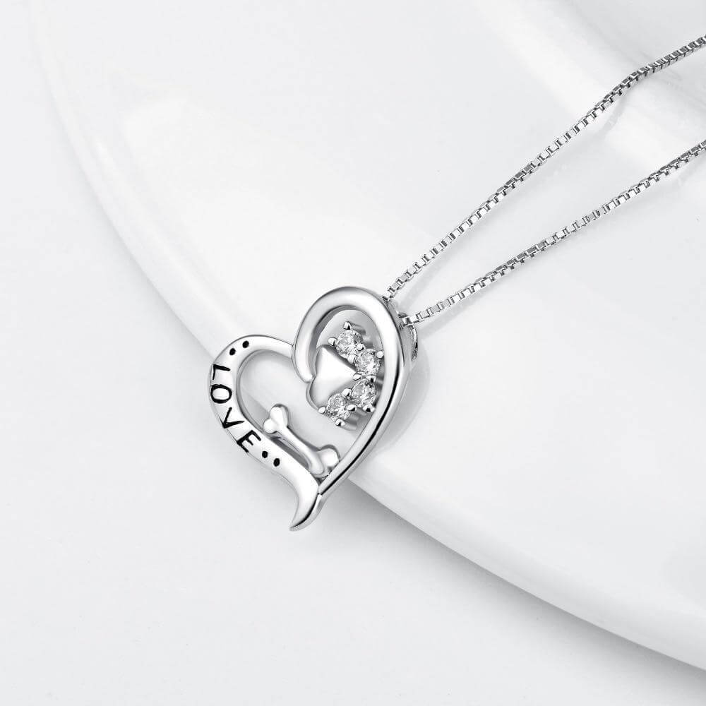 925 Silver Love Pendant Chain Womens Dog Necklace Happy Paws 