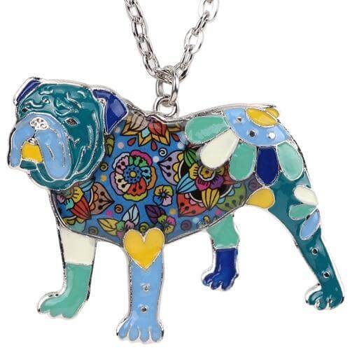 British Bulldog Enamel Pendant Chain Womens Dog Necklace Happy Paws Blue 