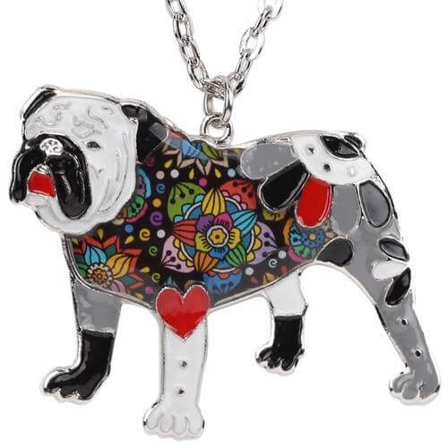 British Bulldog Enamel Pendant Chain Womens Dog Necklace Happy Paws Grey 