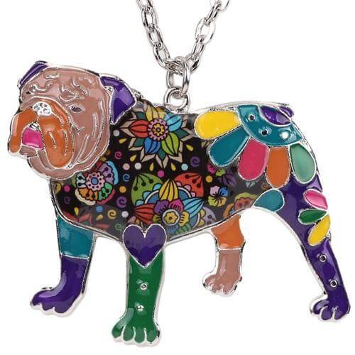 British Bulldog Enamel Pendant Chain Womens Dog Necklace Happy Paws Purple 