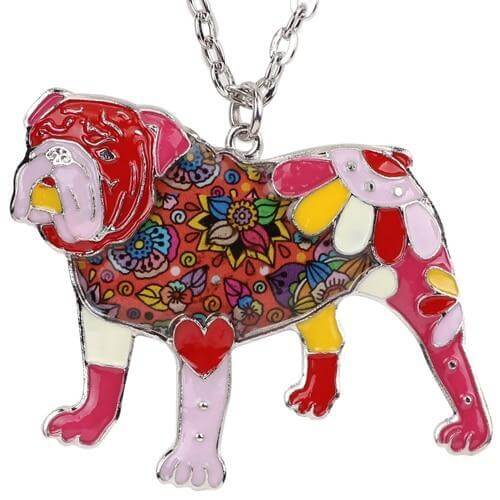 British Bulldog Enamel Pendant Chain Womens Dog Necklace Happy Paws Red 