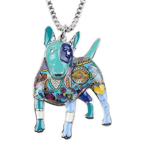 Bull Terrier Enamel Pendant Chain Womens Dog Necklace Happy Paws Blue 
