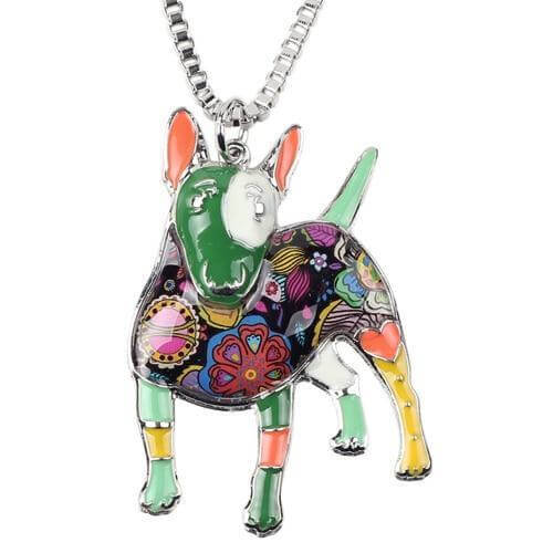 Bull Terrier Enamel Pendant Chain Womens Dog Necklace Happy Paws Green 
