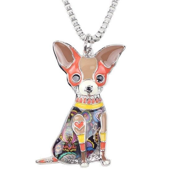 Chihuahua Enamel Pendant Chain Womens Dog Necklace Happy Paws Brown 