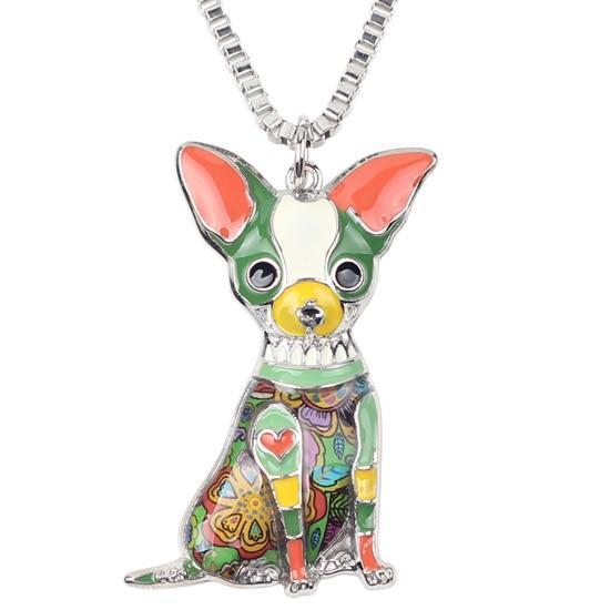 Chihuahua Enamel Pendant Chain Womens Dog Necklace Happy Paws Green 