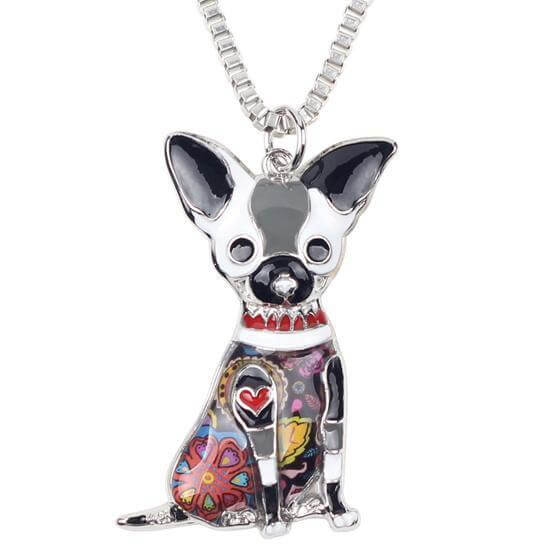Chihuahua Enamel Pendant Chain Womens Dog Necklace Happy Paws Grey 