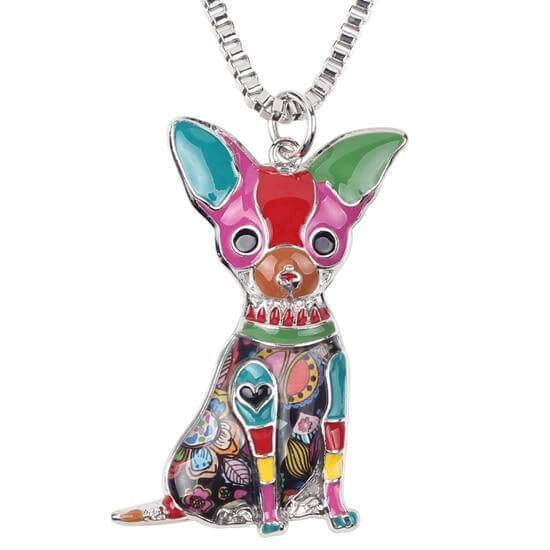 Chihuahua Enamel Pendant Chain Womens Dog Necklace Happy Paws Multiclor 