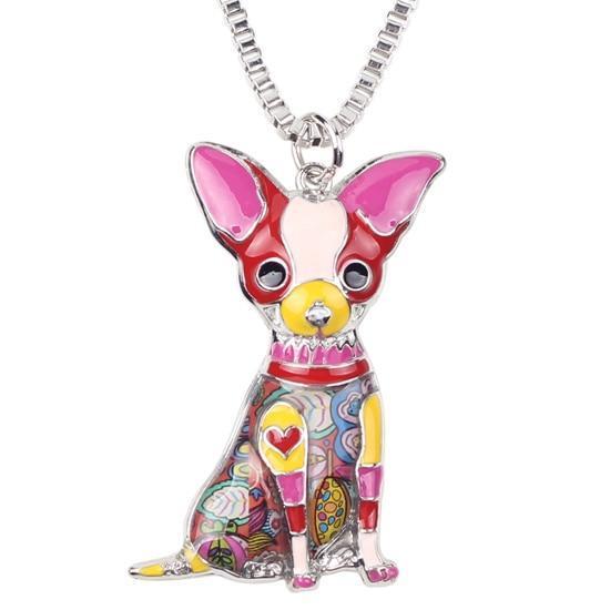 Chihuahua Enamel Pendant Chain Womens Dog Necklace Happy Paws Red 