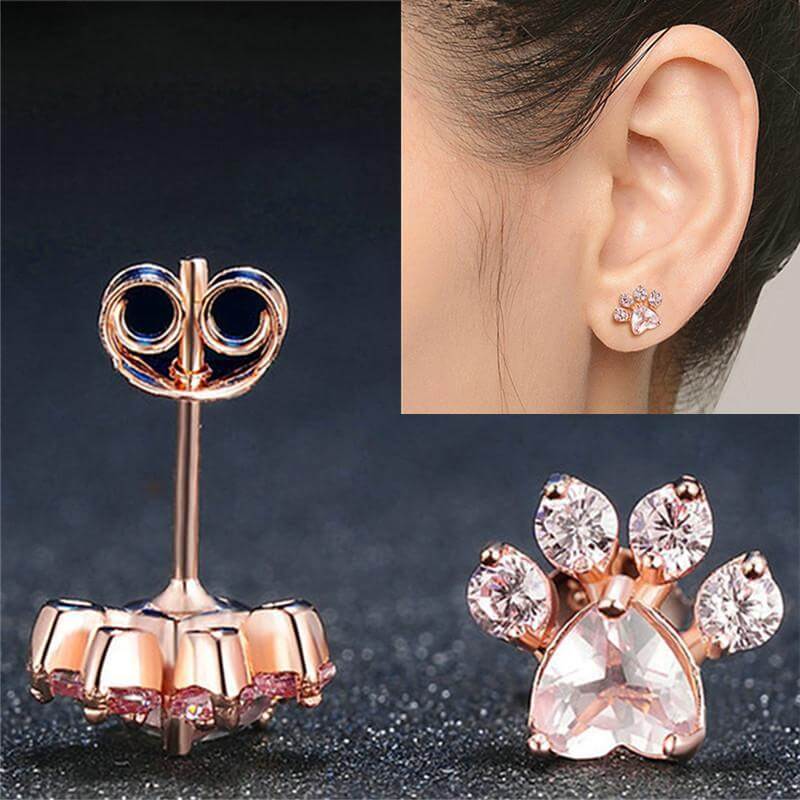 Crystal Paw Gold Earrings Womens Dog Earrings Happy Paws 