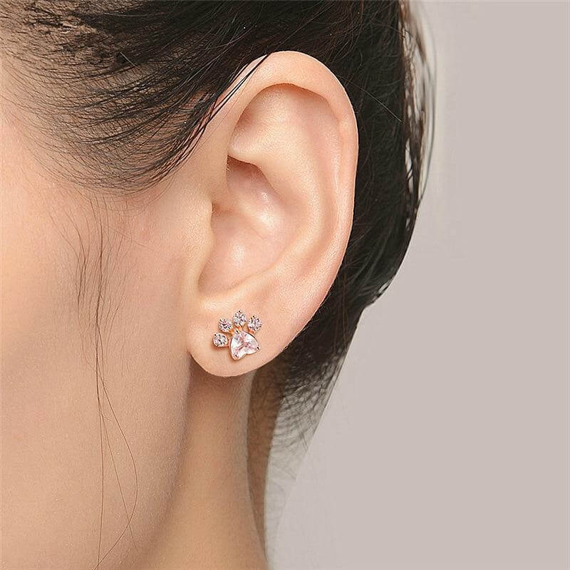 Crystal Paw Gold Earrings Womens Dog Earrings Happy Paws 