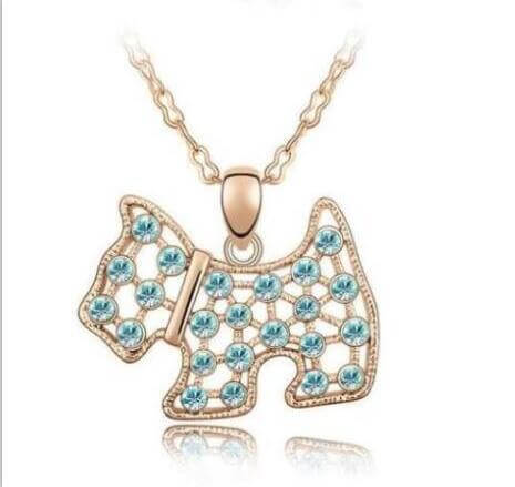 Crystal Pendant Chain Womens Dog Necklace Happy Paws Blue/Gold 