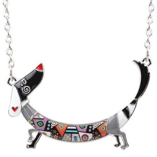 Dachshund Enamel Pendant Chain Womens Dog Necklace Happy Paws Black 