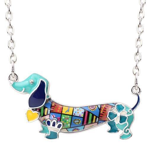 Dachshund Enamel Pendant Chain Womens Dog Necklace Happy Paws Blue 