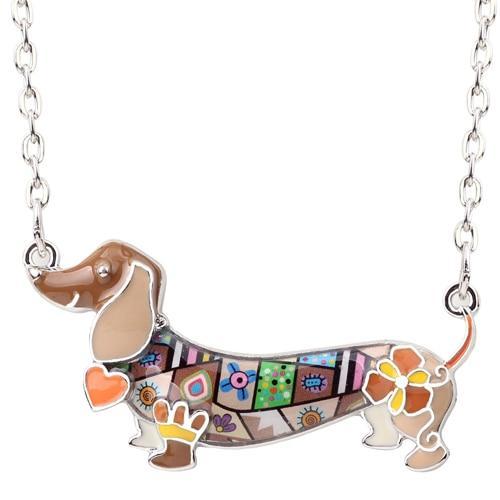 Dachshund Enamel Pendant Chain Womens Dog Necklace Happy Paws Brown 