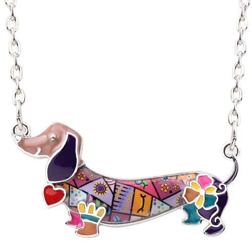 Dachshund Enamel Pendant Chain Womens Dog Necklace Happy Paws Purple 