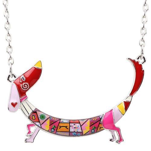 Dachshund Enamel Pendant Chain Womens Dog Necklace Happy Paws Red 