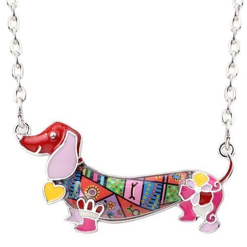 Dachshund Enamel Pendant Chain Womens Dog Necklace Happy Paws Red 