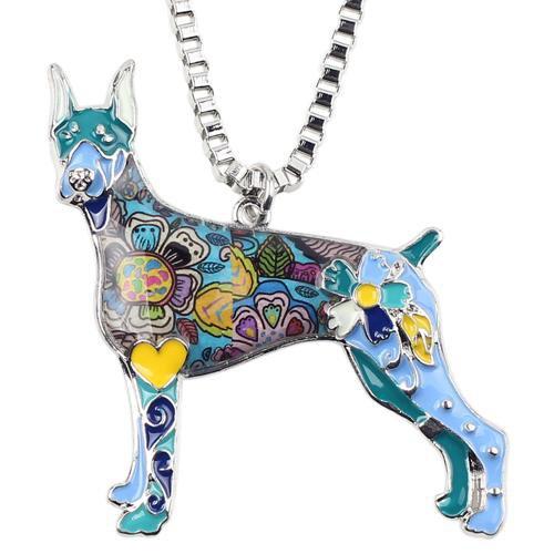 Doberman Enamel Pendant Chain Womens Dog Necklace Happy Paws Blue 