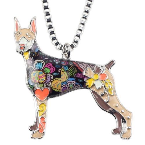Doberman Enamel Pendant Chain Womens Dog Necklace Happy Paws Brown 