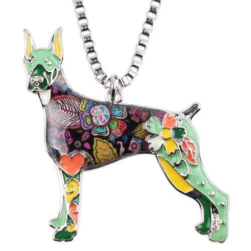 Doberman Enamel Pendant Chain Womens Dog Necklace Happy Paws Green 
