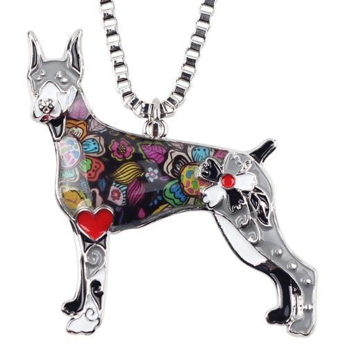 Doberman Enamel Pendant Chain Womens Dog Necklace Happy Paws Grey 