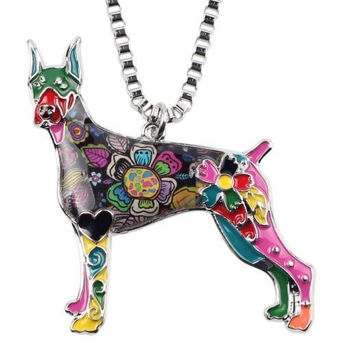 Doberman Enamel Pendant Chain Womens Dog Necklace Happy Paws Multiclor 