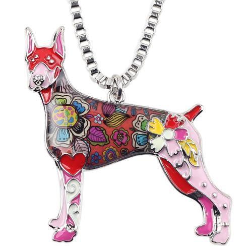 Doberman Enamel Pendant Chain Womens Dog Necklace Happy Paws Red 