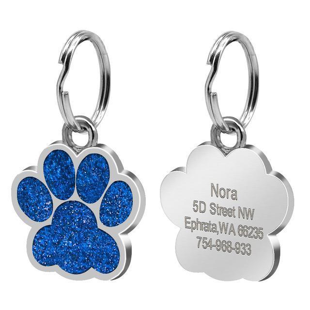 Engraved Rhinestone ID Tag Customized Dog Tags Happy Paws Blue 