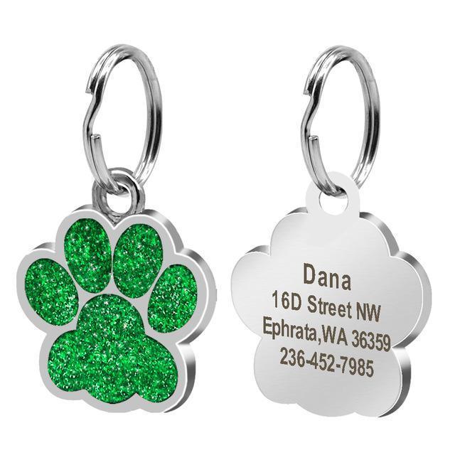 Engraved Rhinestone ID Tag Customized Dog Tags Happy Paws Green 