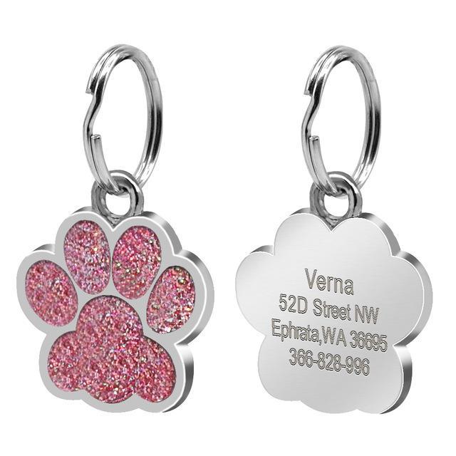 Engraved Rhinestone ID Tag Customized Dog Tags Happy Paws Pink 