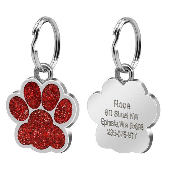 Engraved Rhinestone ID Tag Customized Dog Tags Happy Paws Red 