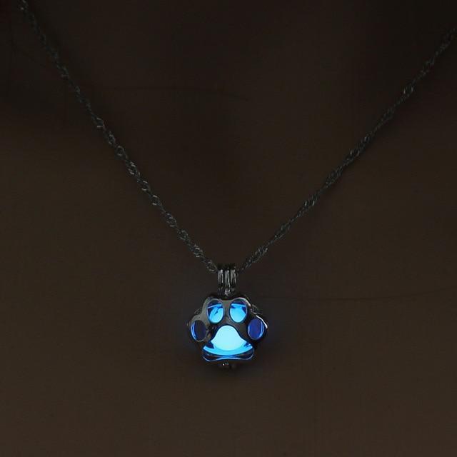 Glow in the Dark Pendant Chain Womens Dog Necklace Happy Paws Blue 