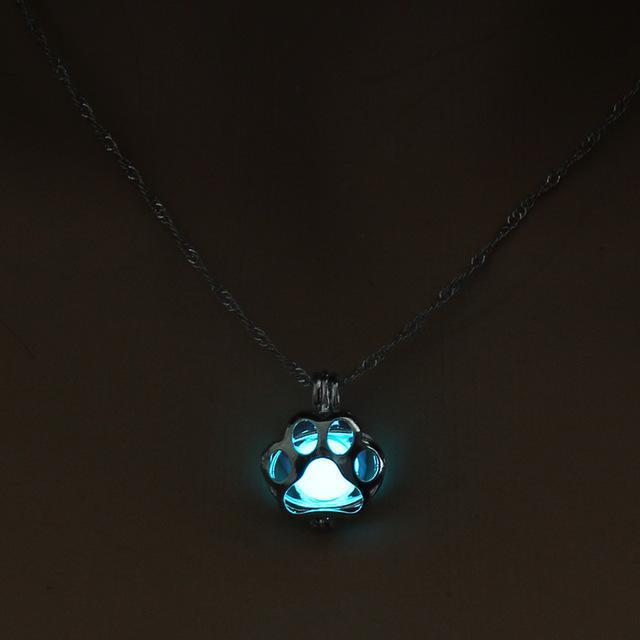 Glow in the Dark Pendant Chain Womens Dog Necklace Happy Paws Light Blue 