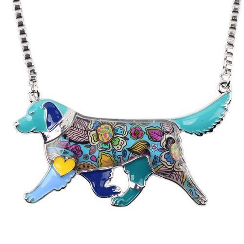 Golden Retriever Enamel Pendant Chain Womens Dog Necklace Happy Paws Blue 