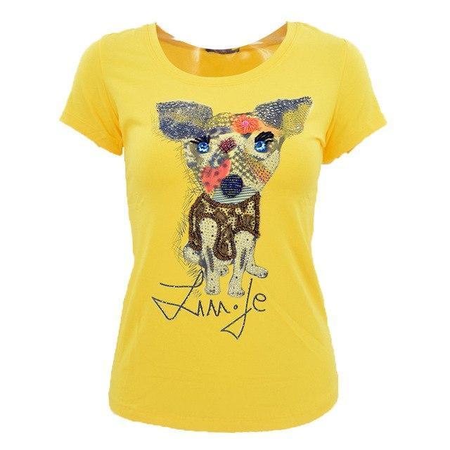 Handmade Dog Rhinestones Womens Dog T-shirt Happy Paws Yellow Medium 