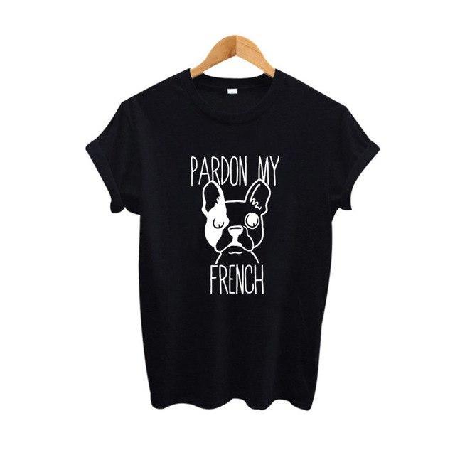 Pardon my French Womens Dog T-shirt Happy Paws Black Small 