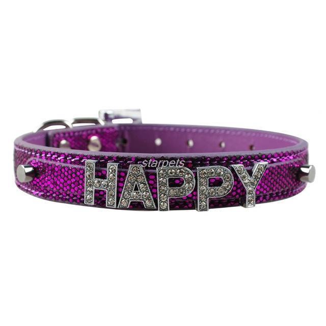 Personalized Rhinestone Collar Dog collar Happy Paws Purple Small 
