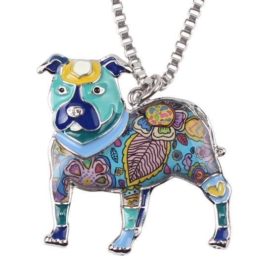 Pit Bull Enamel Pendant Chain Womens Dog Necklace Happy Paws Blue 
