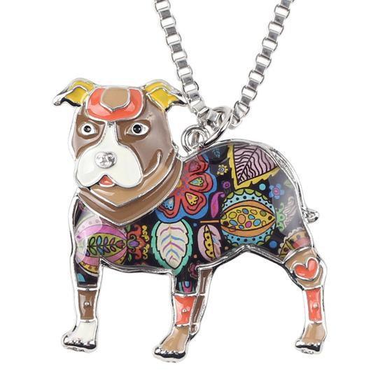 Pit Bull Enamel Pendant Chain Womens Dog Necklace Happy Paws Brown 