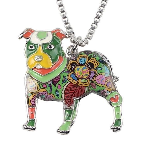 Pit Bull Enamel Pendant Chain Womens Dog Necklace Happy Paws Green 